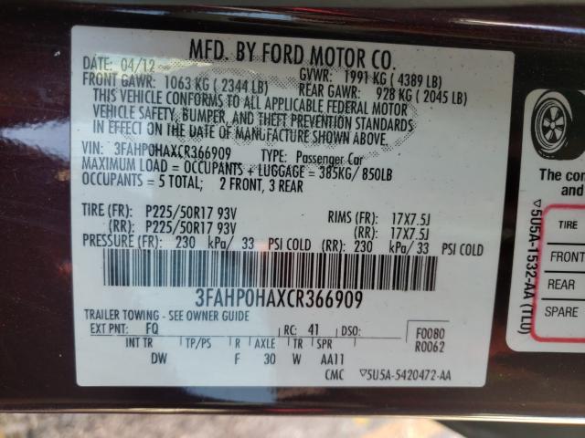 Photo 9 VIN: 3FAHP0HAXCR366909 - FORD FUSION SE 