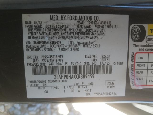 Photo 9 VIN: 3FAHP0HAXCR389459 - FORD FUSION SE 