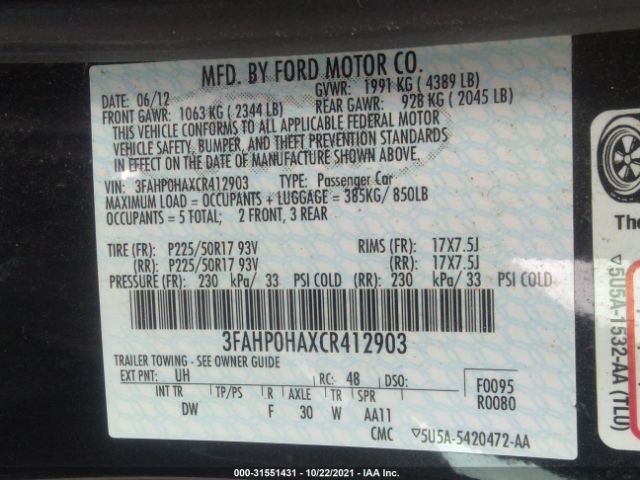 Photo 8 VIN: 3FAHP0HAXCR412903 - FORD FUSION 