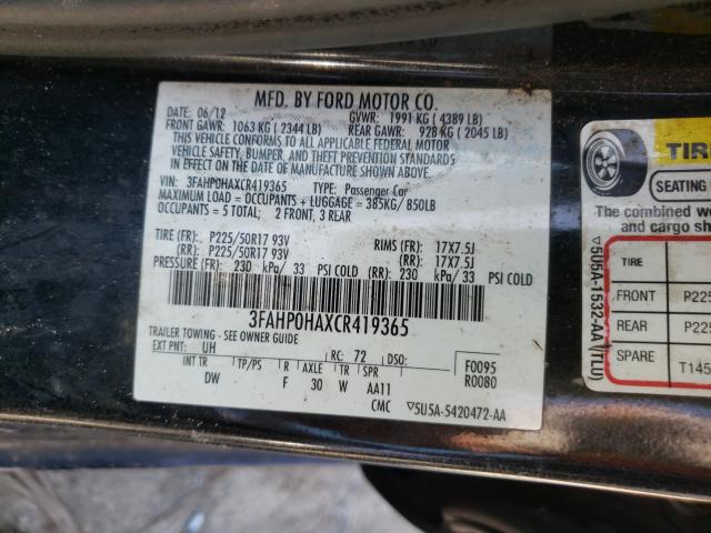 Photo 9 VIN: 3FAHP0HAXCR419365 - FORD FUSION SE 