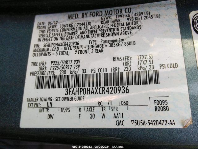 Photo 8 VIN: 3FAHP0HAXCR420936 - FORD FUSION 