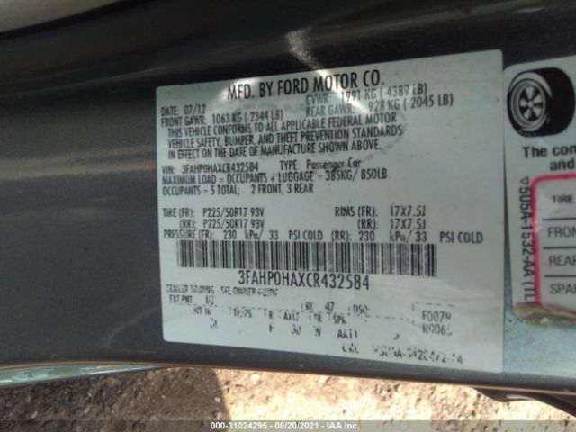 Photo 8 VIN: 3FAHP0HAXCR432584 - FORD FUSION 