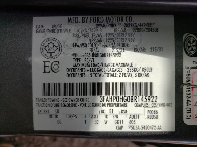 Photo 9 VIN: 3FAHP0HG0BR145922 - FORD FUSION SE 