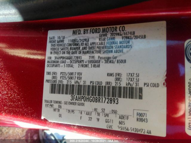 Photo 8 VIN: 3FAHP0HG0BR172893 - FORD FUSION 