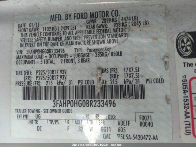 Photo 8 VIN: 3FAHP0HG0BR233496 - FORD FUSION 