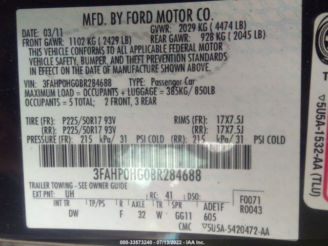 Photo 8 VIN: 3FAHP0HG0BR284688 - FORD FUSION 