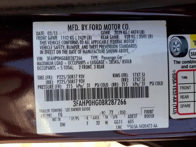 Photo 9 VIN: 3FAHP0HG0BR287266 - FORD FUSION SE 