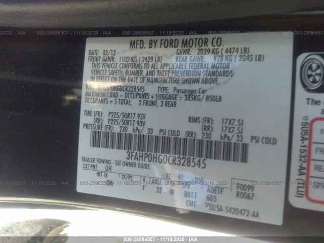 Photo 8 VIN: 3FAHP0HG0CR328545 - FORD FUSION 