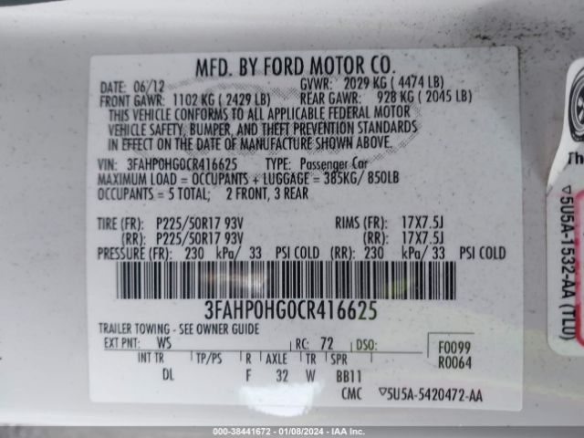 Photo 8 VIN: 3FAHP0HG0CR416625 - FORD FUSION 