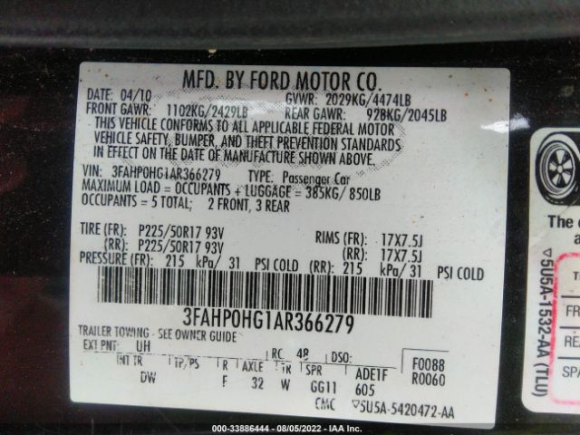 Photo 8 VIN: 3FAHP0HG1AR366279 - FORD FUSION 