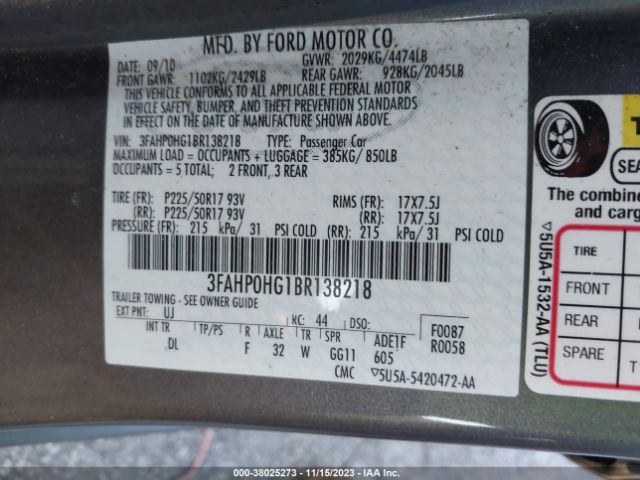 Photo 8 VIN: 3FAHP0HG1BR138218 - FORD FUSION 