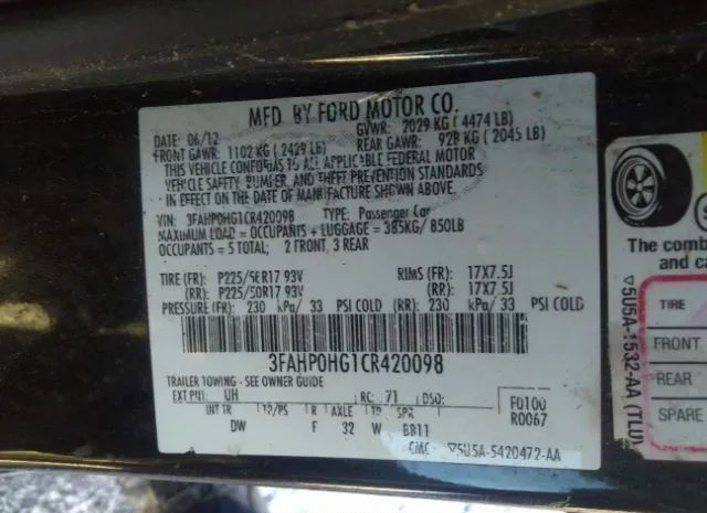 Photo 8 VIN: 3FAHP0HG1CR420098 - FORD FUSION 