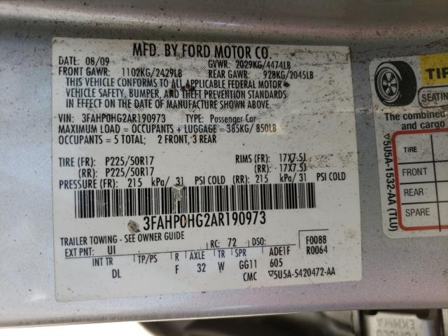 Photo 9 VIN: 3FAHP0HG2AR190973 - FORD FUSION SE 