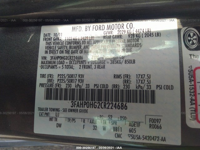 Photo 8 VIN: 3FAHP0HG2CR224686 - FORD FUSION 