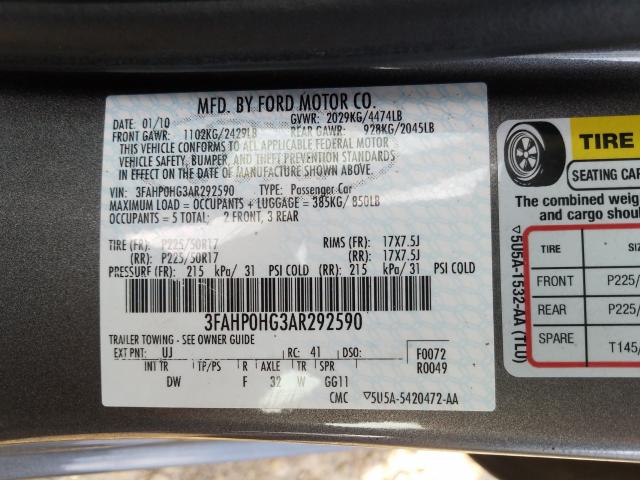 Photo 9 VIN: 3FAHP0HG3AR292590 - FORD FUSION SE 