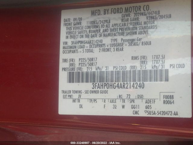 Photo 8 VIN: 3FAHP0HG4AR214240 - FORD FUSION 