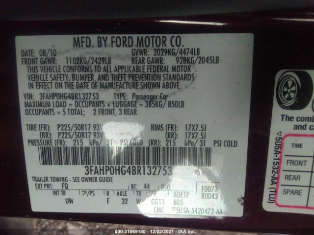 Photo 8 VIN: 3FAHP0HG4BR132753 - FORD FUSION 