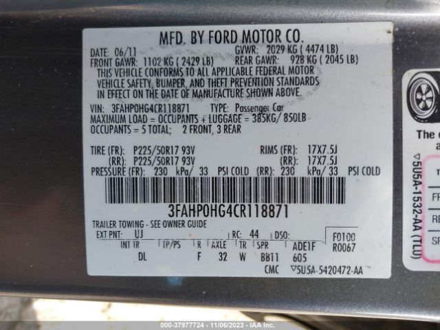 Photo 8 VIN: 3FAHP0HG4CR118871 - FORD FUSION 