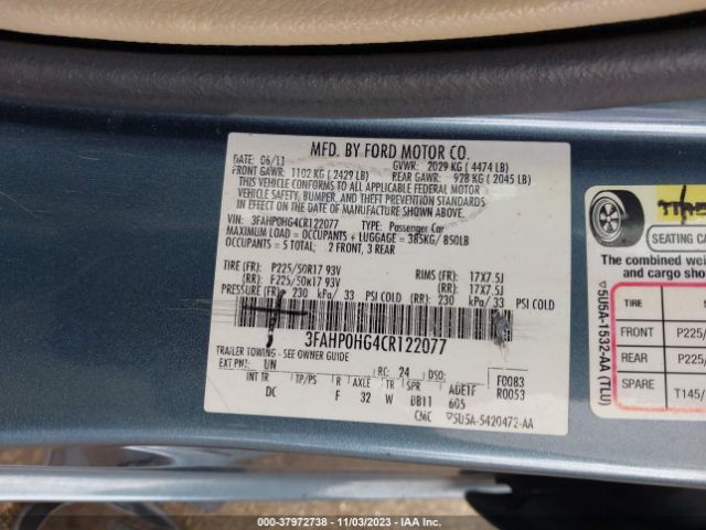 Photo 8 VIN: 3FAHP0HG4CR122077 - FORD FUSION 