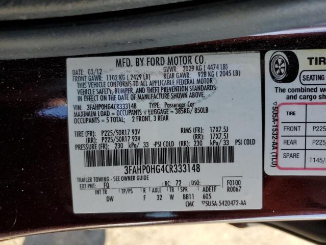 Photo 11 VIN: 3FAHP0HG4CR333148 - FORD FUSION SE 