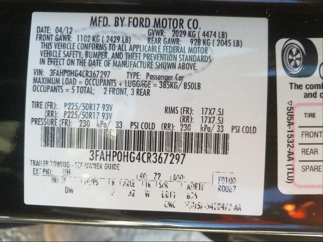 Photo 9 VIN: 3FAHP0HG4CR367297 - FORD FUSION SE 