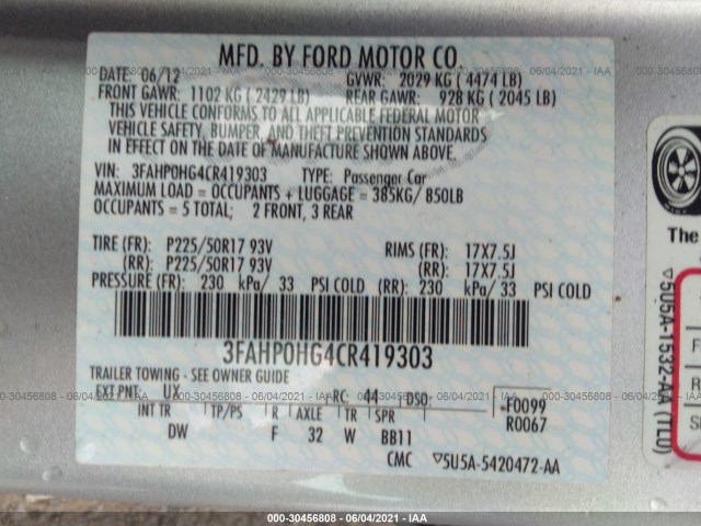 Photo 8 VIN: 3FAHP0HG4CR419303 - FORD FUSION 