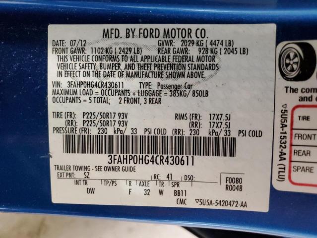 Photo 12 VIN: 3FAHP0HG4CR430611 - FORD FUSION SE 