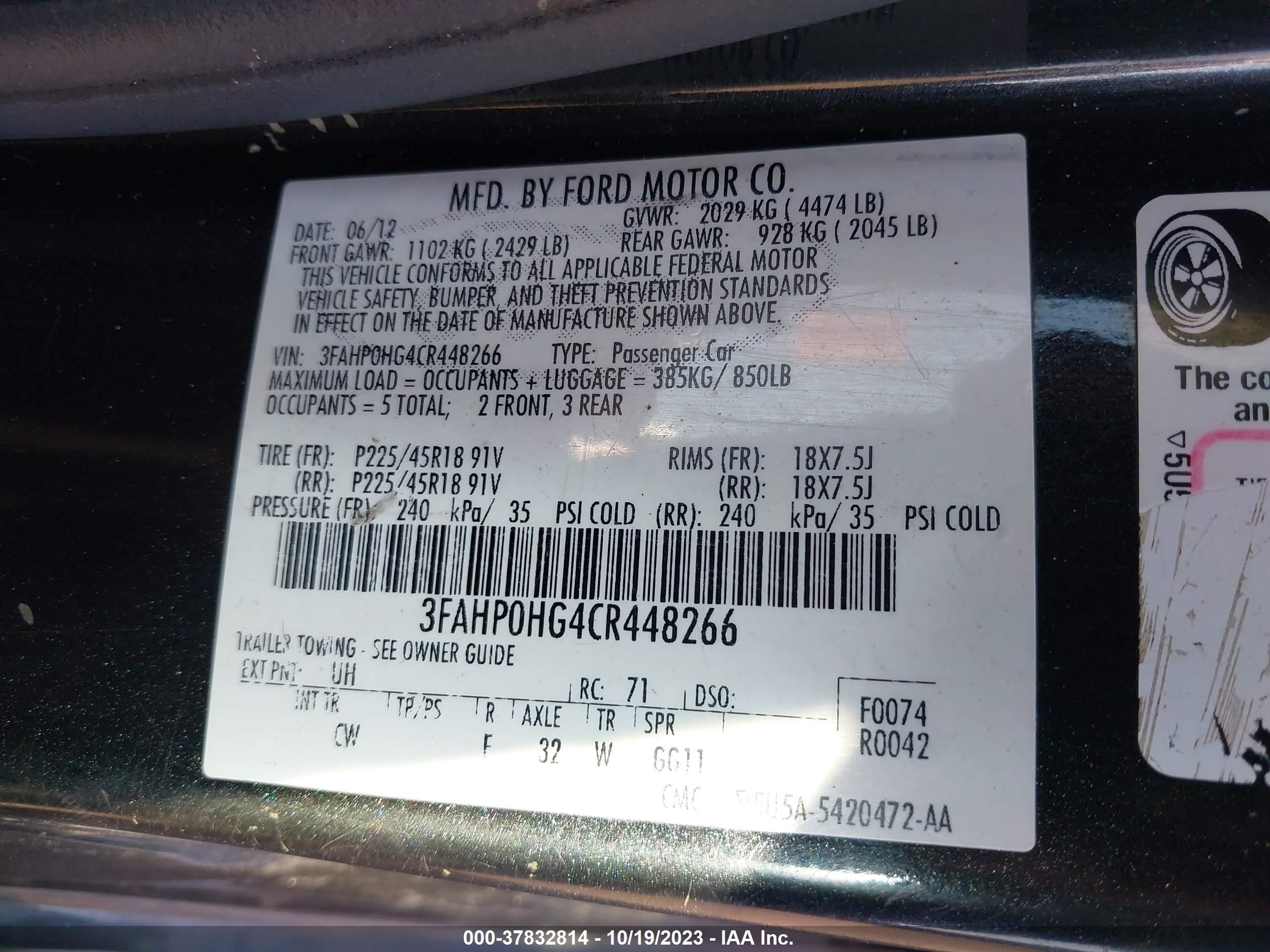 Photo 8 VIN: 3FAHP0HG4CR448266 - FORD FUSION 