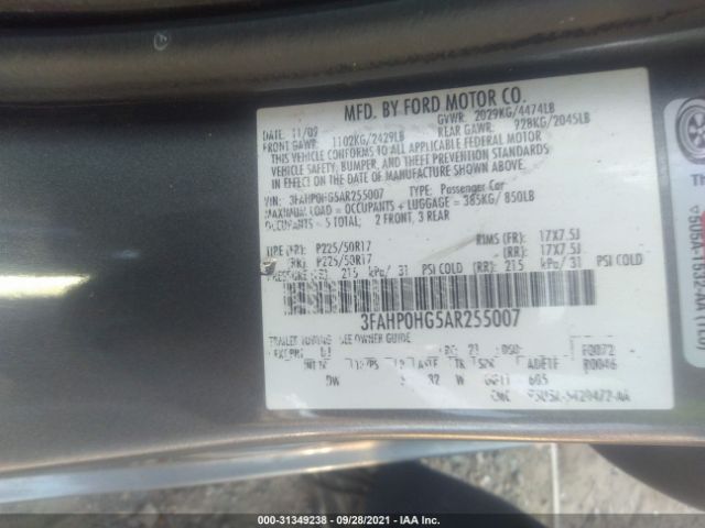 Photo 8 VIN: 3FAHP0HG5AR255007 - FORD FUSION 