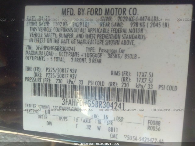 Photo 8 VIN: 3FAHP0HG5BR304241 - FORD FUSION 