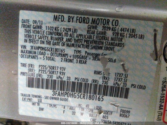 Photo 8 VIN: 3FAHP0HG5CR180165 - FORD FUSION 