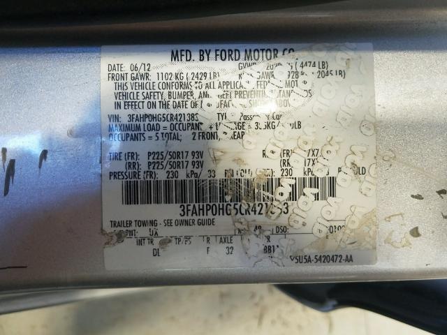 Photo 9 VIN: 3FAHP0HG5CR421383 - FORD FUSION SE 