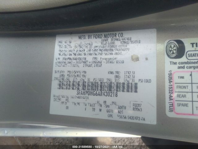 Photo 8 VIN: 3FAHP0HG6AR430218 - FORD FUSION 