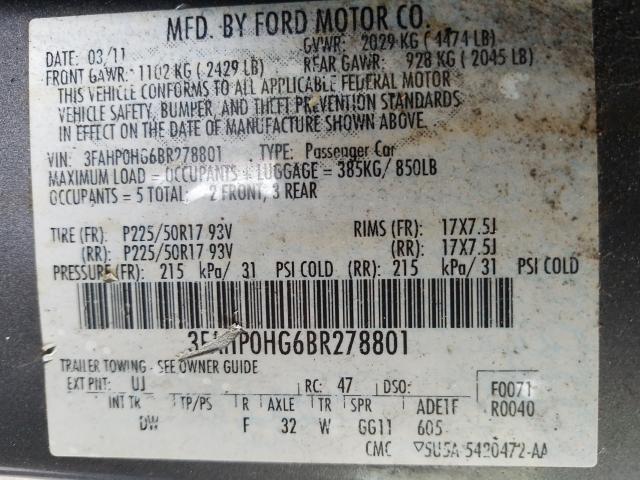 Photo 9 VIN: 3FAHP0HG6BR278801 - FORD FUSION SE 