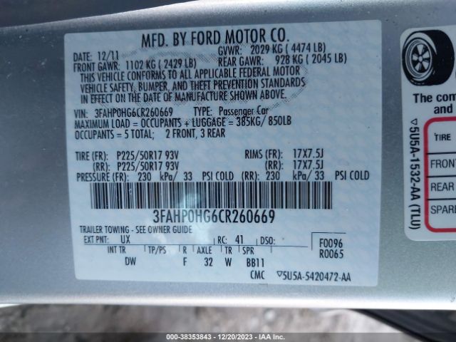 Photo 8 VIN: 3FAHP0HG6CR260669 - FORD FUSION 