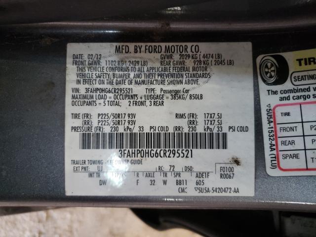 Photo 9 VIN: 3FAHP0HG6CR295521 - FORD FUSION SE 