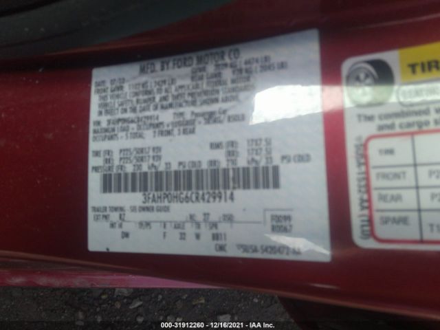 Photo 8 VIN: 3FAHP0HG6CR429914 - FORD FUSION 