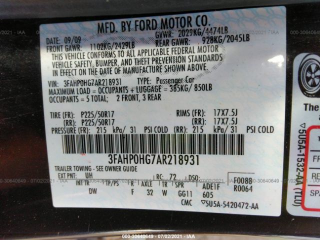 Photo 8 VIN: 3FAHP0HG7AR218931 - FORD FUSION 