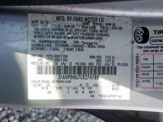 Photo 9 VIN: 3FAHP0HG7CR274788 - FORD FUSION SE 