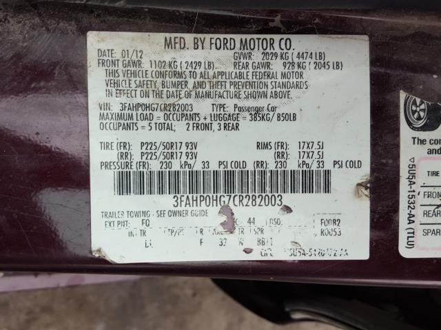 Photo 9 VIN: 3FAHP0HG7CR282003 - FORD FUSION SE 