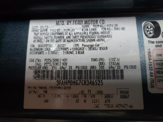 Photo 9 VIN: 3FAHP0HG7CR346525 - FORD FUSION SE 