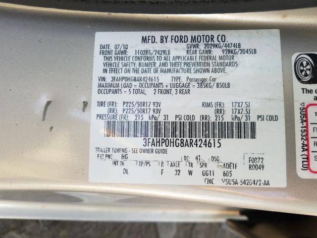 Photo 9 VIN: 3FAHP0HG8AR424615 - FORD FUSION SE 