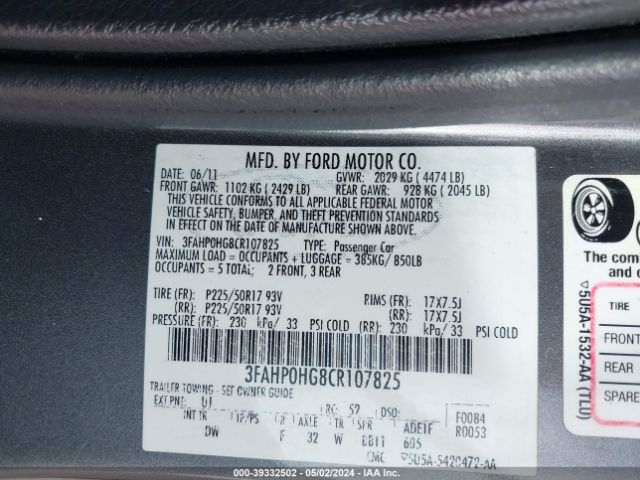 Photo 8 VIN: 3FAHP0HG8CR107825 - FORD FUSION 