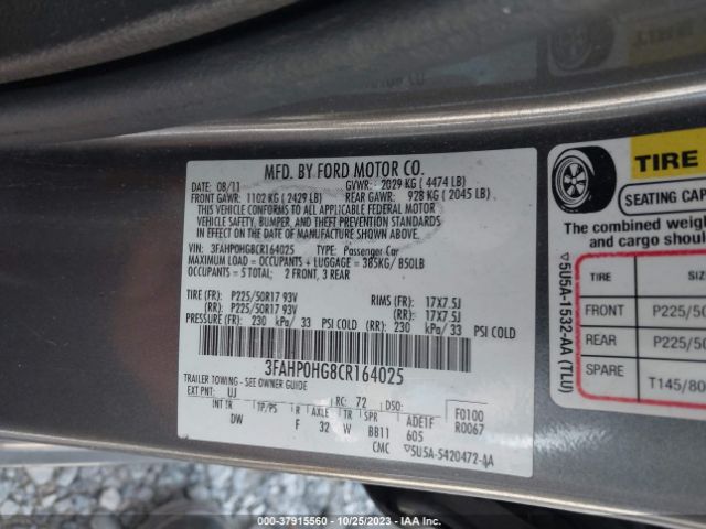 Photo 8 VIN: 3FAHP0HG8CR164025 - FORD FUSION 