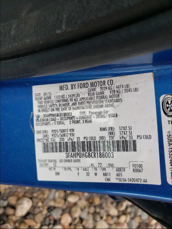 Photo 9 VIN: 3FAHP0HG8CR188003 - FORD FUSION SE 