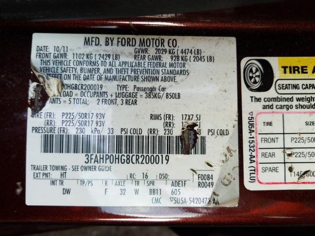 Photo 9 VIN: 3FAHP0HG8CR200019 - FORD FUSION SE 