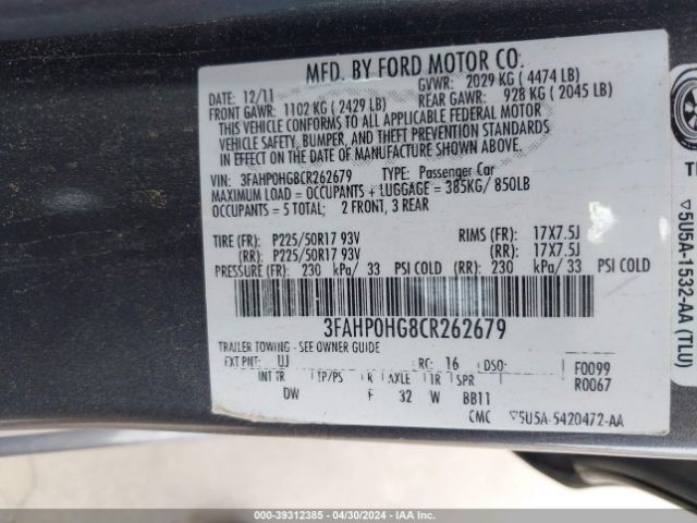 Photo 8 VIN: 3FAHP0HG8CR262679 - FORD FUSION 