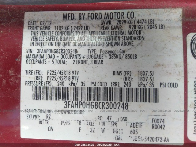 Photo 8 VIN: 3FAHP0HG8CR300248 - FORD FUSION 