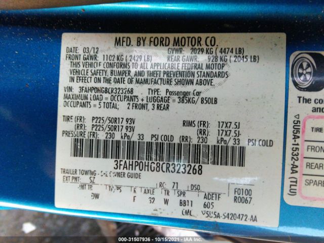 Photo 8 VIN: 3FAHP0HG8CR323268 - FORD FUSION 