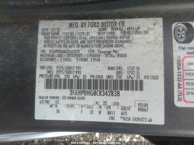 Photo 8 VIN: 3FAHP0HG8CR342838 - FORD FUSION 